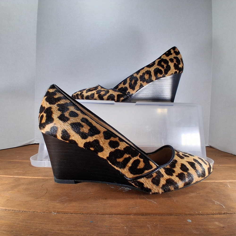 Franco Sarto Frankie2 Wedge Pumps 9.5 Leopard Print Calf Hair Pointed Toe Glam